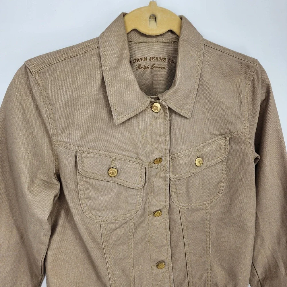 Ralph Lauren Metallic Denim Jacket Womens Size M Tan Gold Button Utility Stretch - Picture 5 of 10